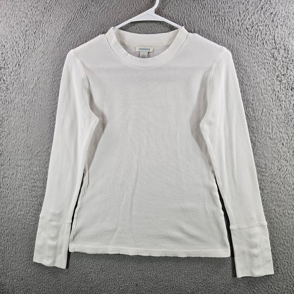 Sundance Womens Small Cream White Waffle Knit Thermal Long Sleeve Snap Cuff Top